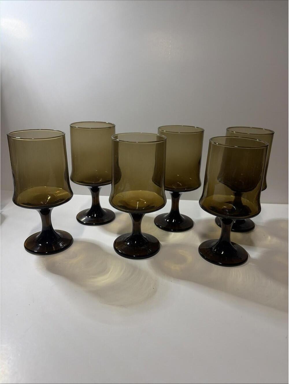 Vintage Set Of 6 Libbey Tawny Accent Smoke Brown Wine Glasses 6.25 Inches